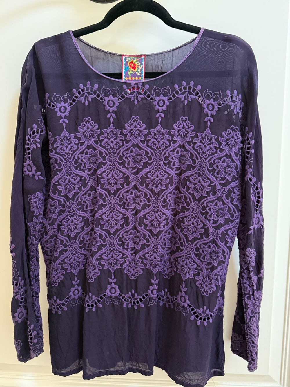 Johnny Was Purple Embroidered Eyelet Boho Blouse Top - Size S
